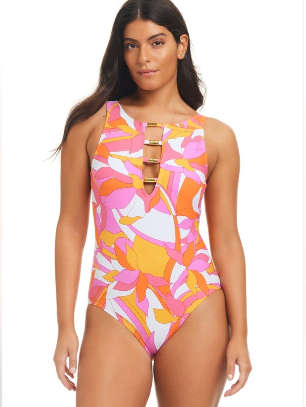 Beyond Control Italic Floral High Neck Tummy Control One-Piece Swimsuit Size 16